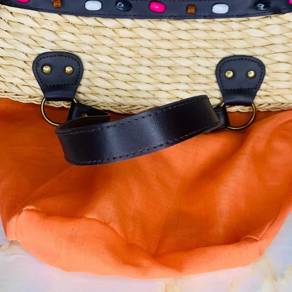 Woven Rattan and Canvas Beaded Floral Market Tote